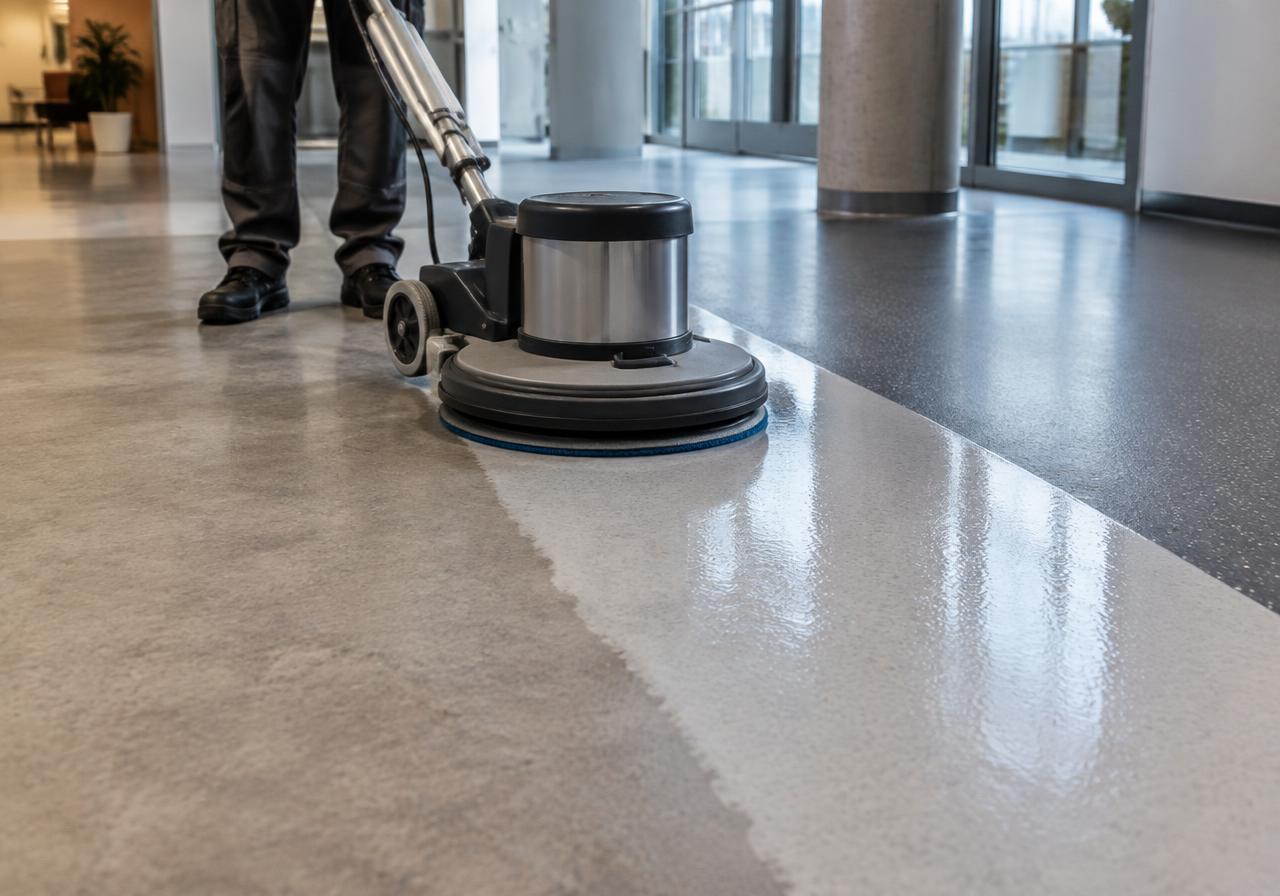 Linoleum- und Kautschuk-Grundreinigung Wien mit Einscheibenmaschine