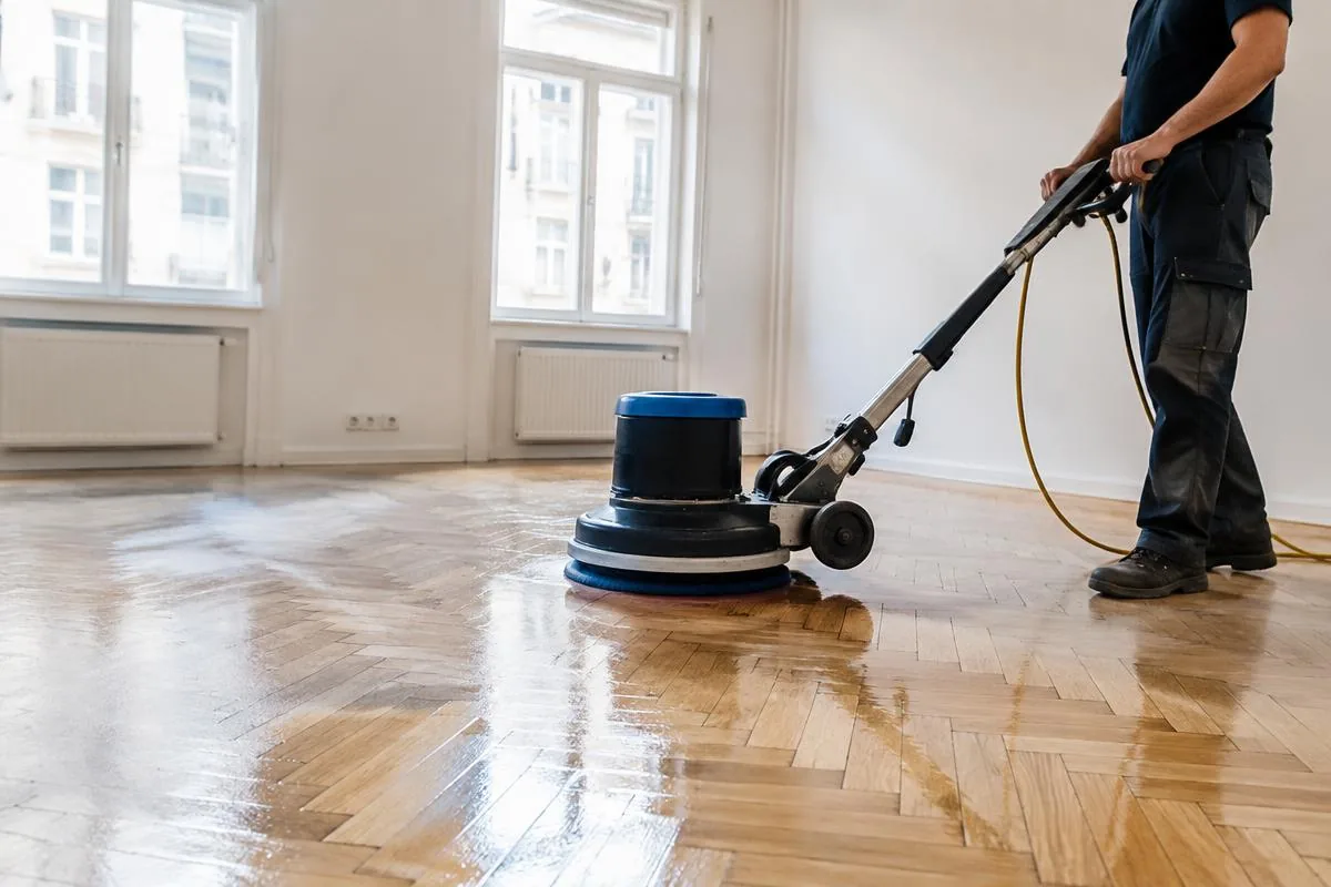 neufuss.at – Bodenreinigung Wien Parkett Grundreinigung: Einscheibenmaschine reinigt Fischgrätparkett in einer Wiener Wohnung