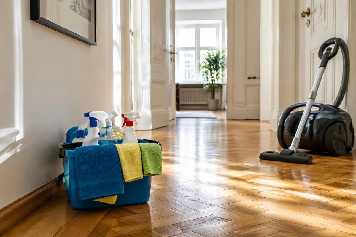 neufuss.at – Unterhaltsreinigung Wien: Reinigungsutensilien und Staubsauger im Gang einer Wiener Altbauwohnung